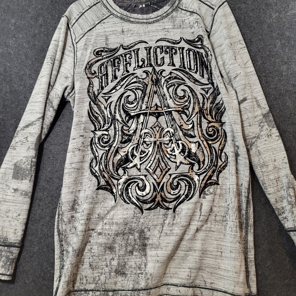 Affliction Mens Long Sleeve Thermal Shirt Reversible Graphic Waffle Knit Gray XL